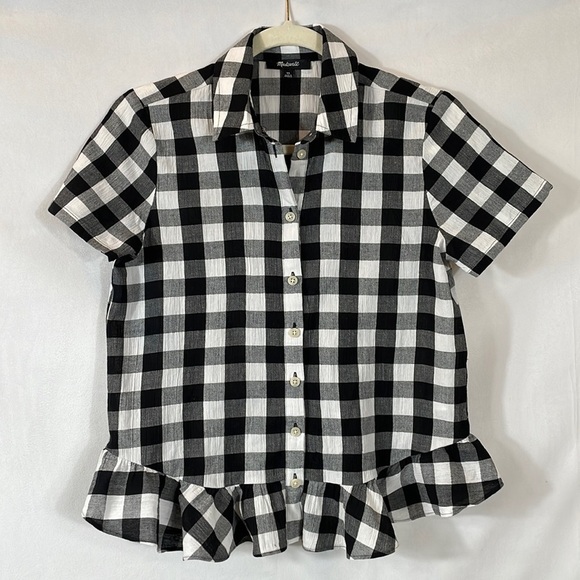 Madewell Top Short Sleeve Button-down XS Black and White Check - Picture 1 of 11